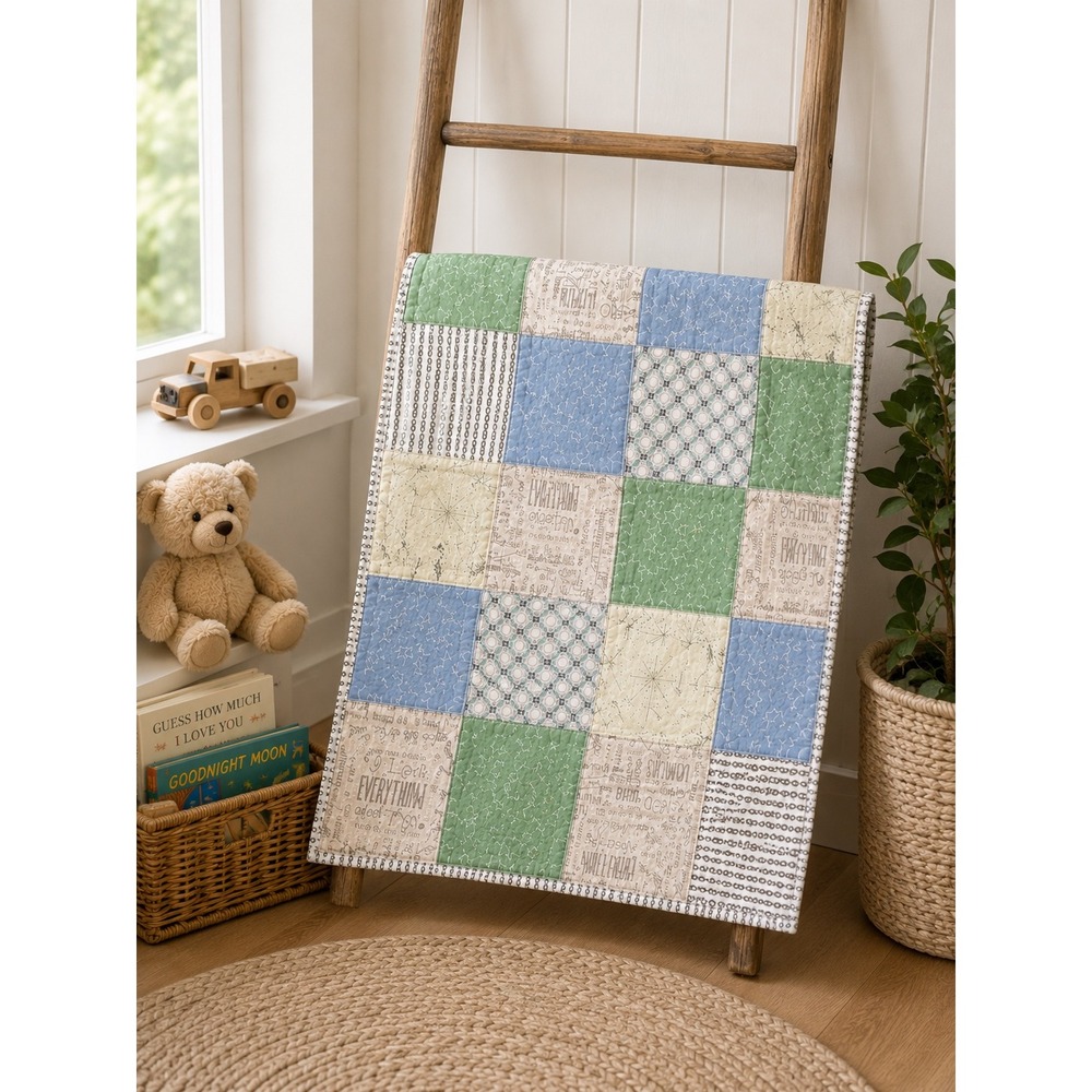Handmade Patchwork Baby Quilt 44x33 Blue Green Stars Modern Nursery Throw